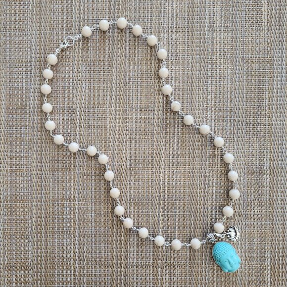 WOOD AGATE NECKLACE W/ TURQUOISE BUDDHA PENDANT - Picture 4 of 4